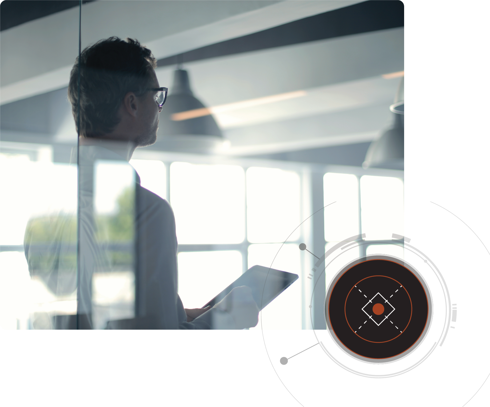 A virtual CISO stands with a tablet behind a glass partition in an office setting with a circle graphic overlay in the bottom right cover. 